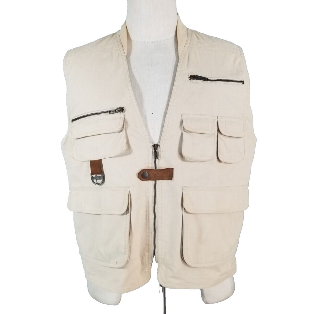 Reel Legends vest mens large beige cotton fishing hunting outdoor flawed
